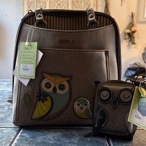 Chala Vegan Leather Backpack with Owl Design - Tan and Blue